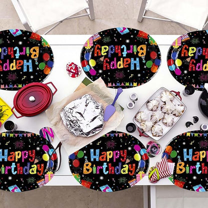 50 Pcs Happy Birthday Oval Paper Plates 10"x12" Large Colorful Black Birthday Plates Disposable Heavy Duty Birthday Theme Party Plates Happy Birthday Party Supplies for Boys Girls Birthday Party Decor