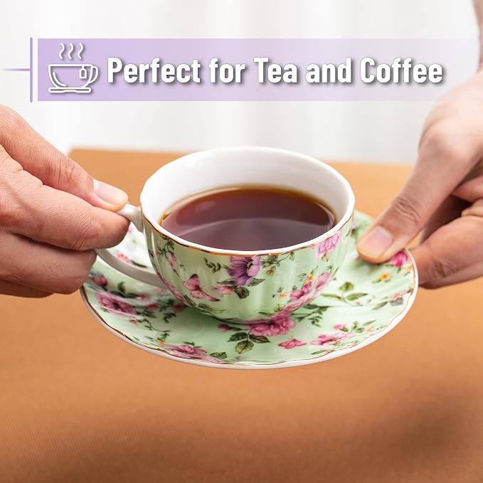 BTaT- Floral Tea Cups and Saucers Set of 6, Porcelain Tea Cups Set of 6 - Image 4