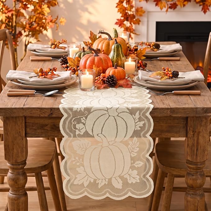 Artoid Mode Beige Lace Jacquard Pumpkin Leaf Fall Table Runner, Seasonal - Image 2