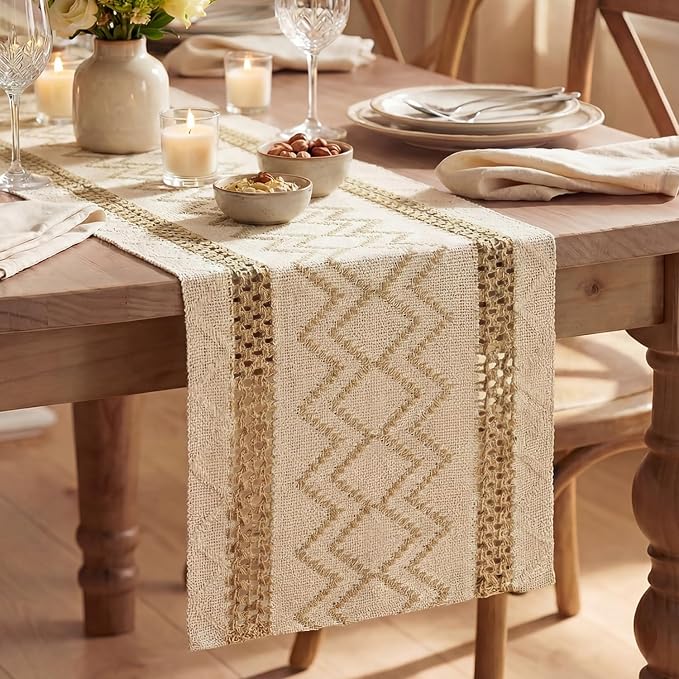 Artoid Mode Burlap Brown Stripe Diamond Woven Table Runner 12x48 Inch | Holiday by ArtoidMode