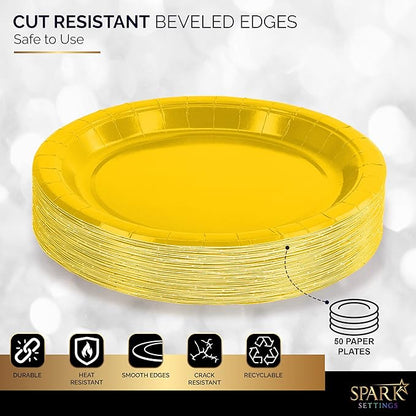 Disposable Paper Plates Yellow, 7 Inch Paper Dessert Plates, Strong and Sturdy Disposable Plate for Party, Dinner, Holiday, Picnic, or Travel Party Plate, Pack of 50