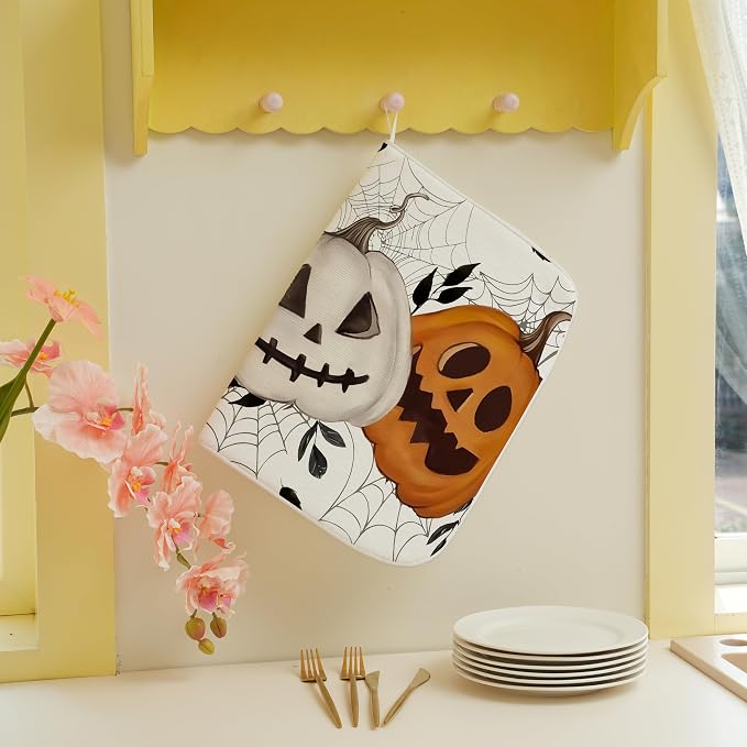 Halloween Dish Drying Mat for Kitchen Counter 18x24 Inch Pumpkins Spider Web - Image 3