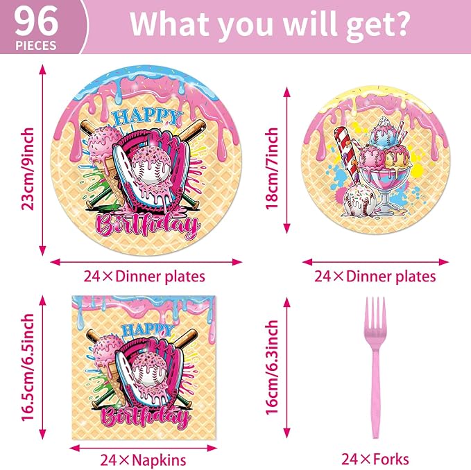 EUOYUFO 96Pcs Ice Cream Party Decorations Tableware Set Ice Cream Baseball Drip - Image 2