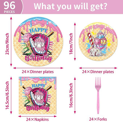 EUOYUFO 96Pcs Ice Cream Party Decorations Tableware Set Ice Cream Baseball Drip - Image 2