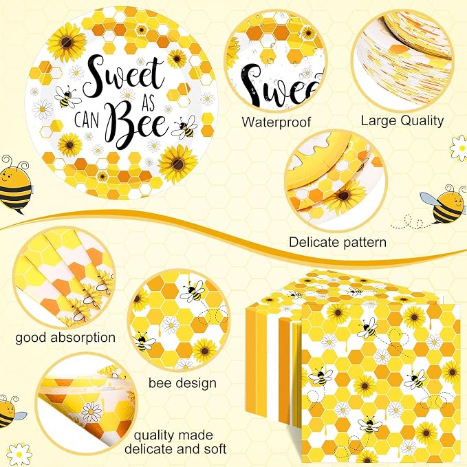 Funnymoom 250 Pcs Bee Party Decoration Sweet as Can Bee Paper Plates Napkins - Image 2