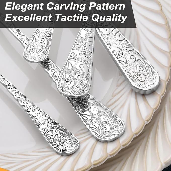 Runfly Vintage Carved Silver Stainless Steel 20-Piece Flatware Set | Silverware - Image 7