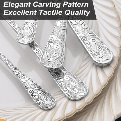 Runfly Vintage Carved Silver Stainless Steel 20-Piece Flatware Set | Silverware - Image 7