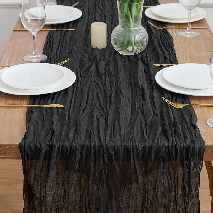 Asee'm 3pcs Black Cheesecloth Table Runner Summer 10FT Boho Gauze Rustic | - Image 2