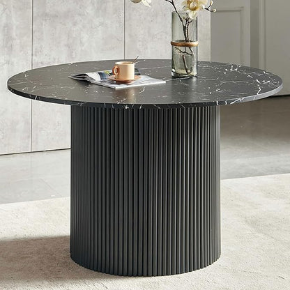 47" Round Dining Table for 4, Modern Farmhouse Marble-Look Foiled Top with MDF Striped Base, Kitchen & Dining Room Tables - Black