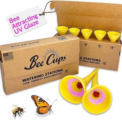 5 Pack, Bee Watering Station, 100% Handmade Porcelain, Bee and Butterfly Feeder by BeeCups