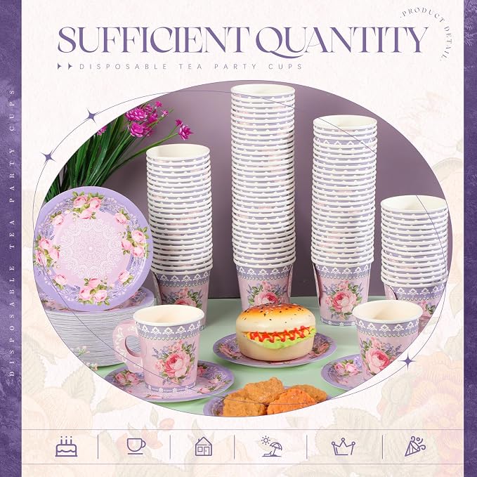 Nuogo 200 Pcs Floral Paper Tea Cups and Saucers 7 oz Disposable Paper Teacups - Image 6