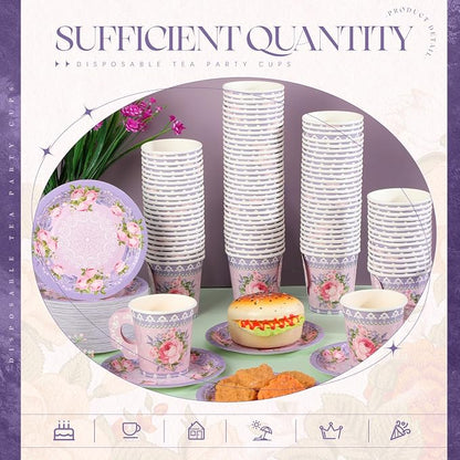 Nuogo 200 Pcs Floral Paper Tea Cups and Saucers 7 oz Disposable Paper Teacups - Image 6