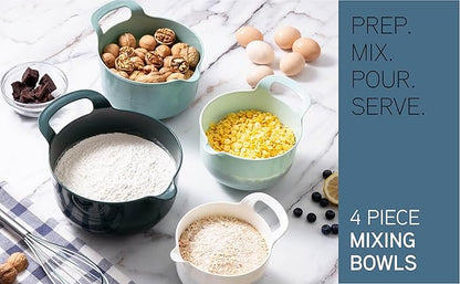 COOK WITH COLOR Nesting Plastic Mixing Bowl Set with Pour Spouts and Handles, Mint, 4 Piece Non-Slip