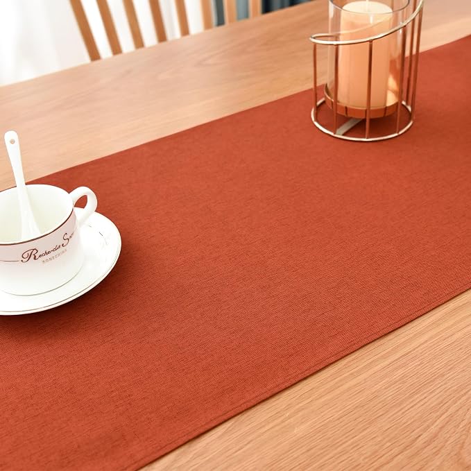 Faux Linen Small Table Runner Water Resistant 13 x 36 in, Rust | Farmhouse - Image 7