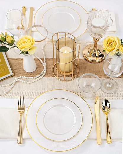 Hioasis 60pcs White and Gold Plastic Plates - White Disposable Dinnerware Set, 30pcs Dinner 10.25in & 30pcs Dessert 7.5in Plates with Striped Designs for Party & Wedding
