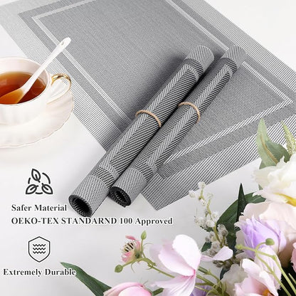 SHACOS Woven Vinyl Placemats Set of 4 Wipe Clean Place Mats for Dining Table Heat Resistant PVC Weave Table Mats Indoor Outdoor (4, Frame Grey)