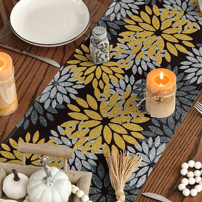 Artoid Mode Gold Black Silver Dahlia Floral Pinnata Fall Table Runner, Seasonal - Image 4
