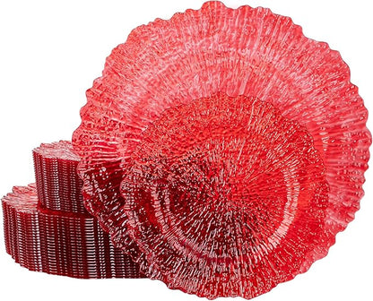 U-QE 60PCS Clear and Red Plastic Plates - Reef Plastic Plates Disposable&Reusable - Clear Red Plates Including 30 Plastic Dinner Plates 10" & 30 Plastic Dessert Plates 7" Perfect for Valentine's Day