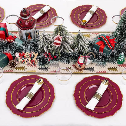 Liacere 350PCS Red Plastic Plates-Disposable Burgundy Red and Gold Plates 50guest Baroque Plastic Dinnerware include 100Plates, 50Pack Pre Rolled Napkins with Silverware 50Cups for Christmas