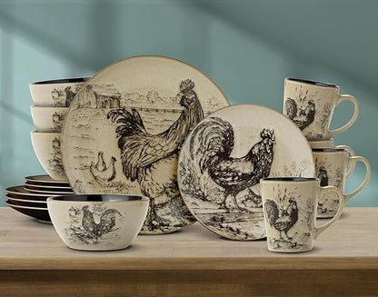 Pfaltzgraff Homespun Rooster 16-Piece Dinnerware Set, Service for 4 Brown