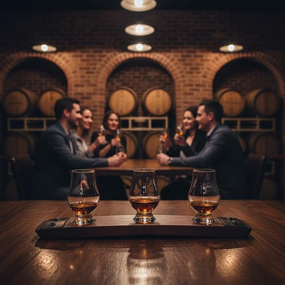 Premium Barrel Stave Whiskey Flight: Scotch & Bourbon, 3 Glencairn Crystal Glasses (No Glasses, Red Mahogany)