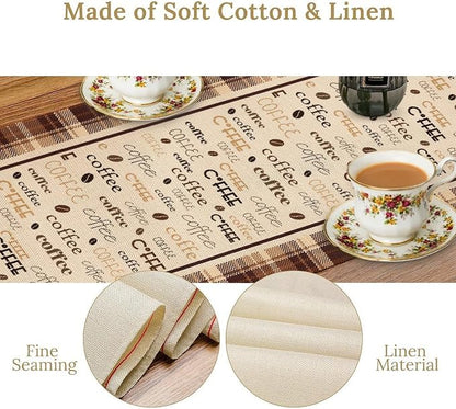 Coffee Time Table Runner, Farmhouse Retro Brown Plaid Gnomes Cafe Cup Theme - Image 6