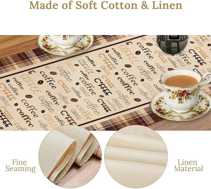 Coffee Time Table Runner, Farmhouse Retro Brown Plaid Gnomes Cafe Cup Theme - Image 6