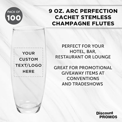DISCOUNT PROMOS 100 ARC Stemless Champagne Flutes Set, 9 oz. - Customizable Text, Logo - Cachet, Glassware, Cocktails - Clear