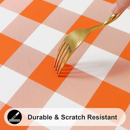Smiry Rectangle Picnic Table Cloth, Elastic Waterproof Fitted Vinyl Tablecloths, Flannel Backed Buffalo Plaid Table Covers for Dining, Camping, Outdoor, Thanksgiving (White and Orange, 30" x 48")