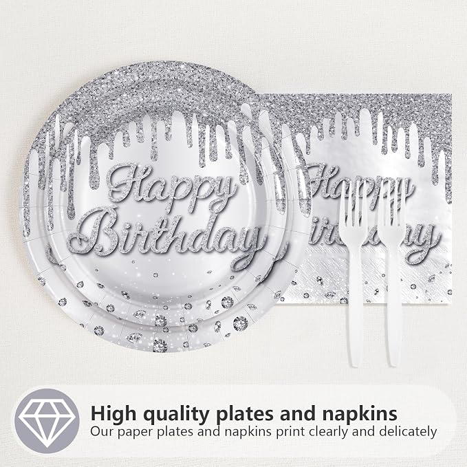 96Pcs Silver Glitter Diamonds Birthday Party Decoration, Serve 24 | Silver - Image 2