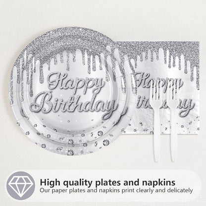 96Pcs Silver Glitter Diamonds Birthday Party Decoration, Serve 24 | Silver - Image 2