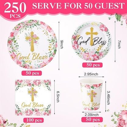 Pickmesh 250 Pcs Pink Baptism Cross Disposable Tableware Set First Holy Communion Baptism Disposable Paper Plates Napkins and Cups for Christening Celebration Baby Shower Religious Supplies