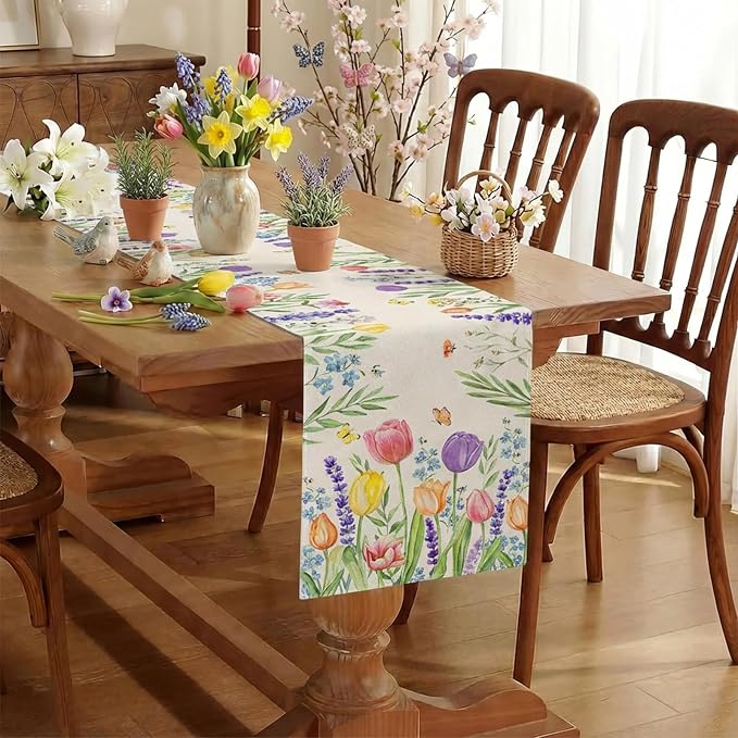 Spring Floral Table Runner Decorations, Tulip and Lavender Farmhouse Table Scarf - Image 3