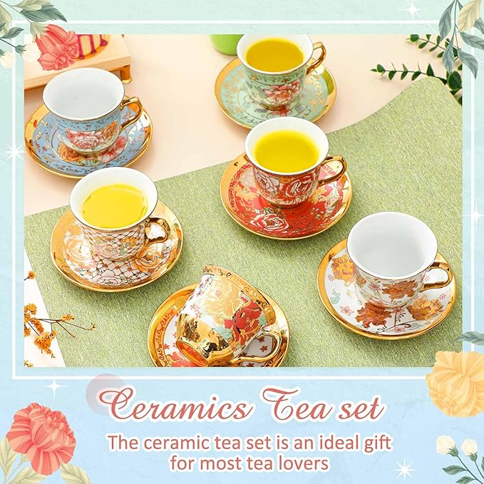 Teenyyou Set of 6 Tea Cups and Saucers Tea Party Decorations Floral Porcelain - Image 5