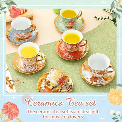 Teenyyou Set of 6 Tea Cups and Saucers Tea Party Decorations Floral Porcelain - Image 5