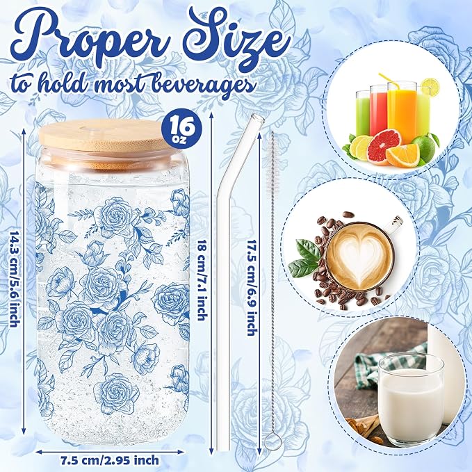 Sliner 2 Pcs Blue Flower Glass Cups Floral Gifts Drinking Glasses 16 oz Iced - Image 5