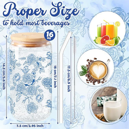 Sliner 2 Pcs Blue Flower Glass Cups Floral Gifts Drinking Glasses 16 oz Iced - Image 5