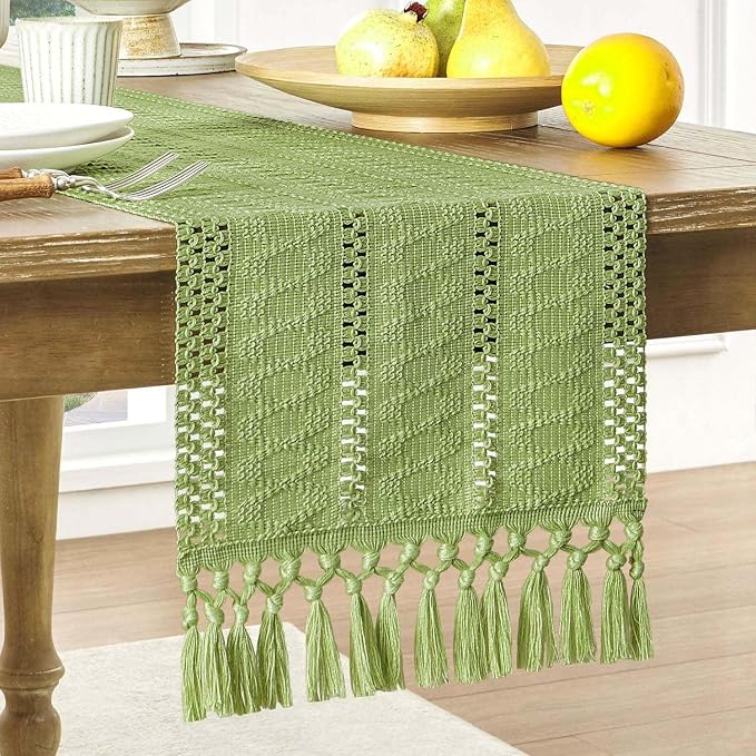 Macrame Style Boho Table Runner, 12x36 Inch Green | Woven Boho Table Runner by ZEEMARTONLINE