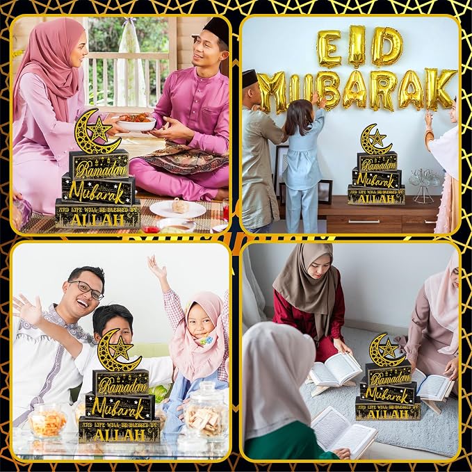Moucuny 4 Pcs Ramadan Mubarak Table Decor Wooden Eid Mubarak Tabletop Signs - Image 4