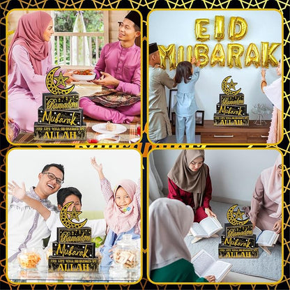 Moucuny 4 Pcs Ramadan Mubarak Table Decor Wooden Eid Mubarak Tabletop Signs - Image 4
