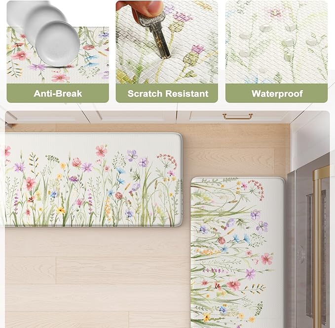 KIMODE Anti Fatigue Kitchen Mat, Cushioned Boho Kitchen Runner, Non Slip Farmhouse Kitchen Mat for Floor, Waterproof Standing Desk Mat for Laundry, Office, Sink White 17.3"x59"