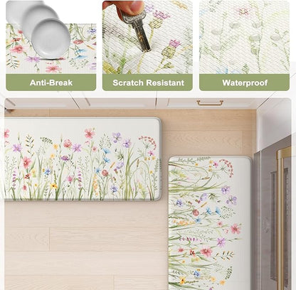 KIMODE Anti Fatigue Mats for Kitchen Floor, 20"x39" White Floral Kitchen Rug, Cushioned Kitchen Floor Mat Non Slip, Memory Foam Standing Mat for Sink Laundry Office Desk