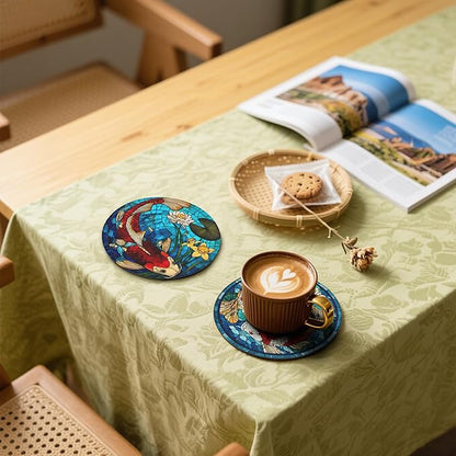 Fish Coasters Leather Round Drink Coasters 6 Pcs Set with Holderor for Cup Drink Coffee Table Bar Home Decor