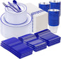 WELLIFE 700 Pcs Blue Plastic Plates for 100 Guests - Plastic Dinnerware Set,Party Supplies Includes 200 Blue Plates,300 Disposable Silverware,100 Napkins,100 Cups