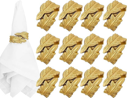 CLEENTABLE Gold Leaf Napkin Rings Set of 12 - Round Metal Napkin Holders for Dining Table Settings - Elegant Leaf Design for Weddings, Parties, Holiday Décor, Family Dinners & Special Occasions