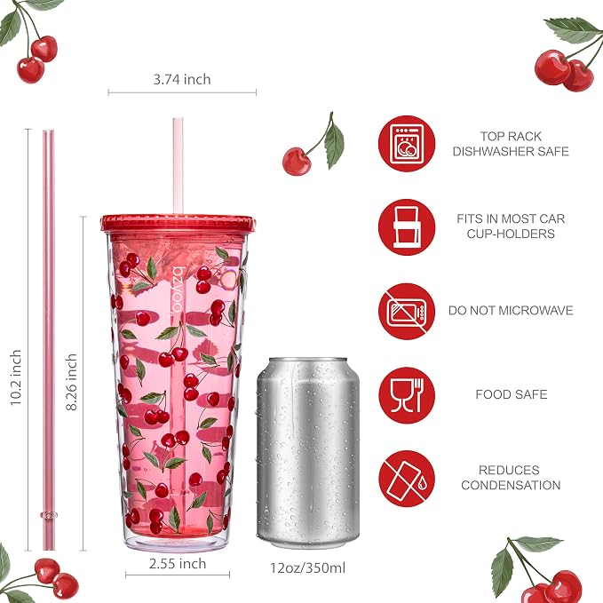 bzyoo 24oz Plastic Tumbler Cup, Lid & Straw, Iced Coffee Cherry Splash | Double - Image 3