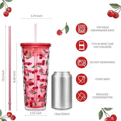 bzyoo 24oz Plastic Tumbler Cup, Lid & Straw, Iced Coffee Cherry Splash | Double - Image 3