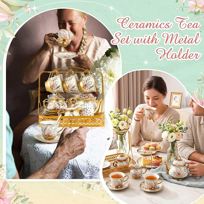 22 Pcs Porcelain Tea Set with Metal Holder, Vintage European Floral Tea Set - Image 5