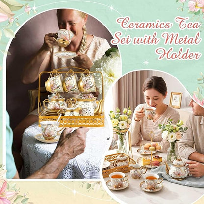 22 Pcs Porcelain Tea Set with Metal Holder, Vintage European Floral Tea Set - Image 5