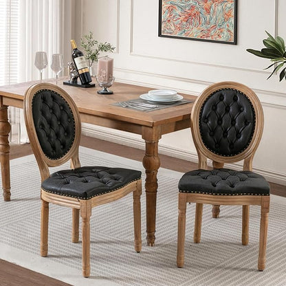 SoarFlash French Dining Chairs Set of 2, Vantage Dining Chair with Round Back, Wood Leg Farmhouse Country PU Leather Dining Chair for Kitchen,Bedroom,Black